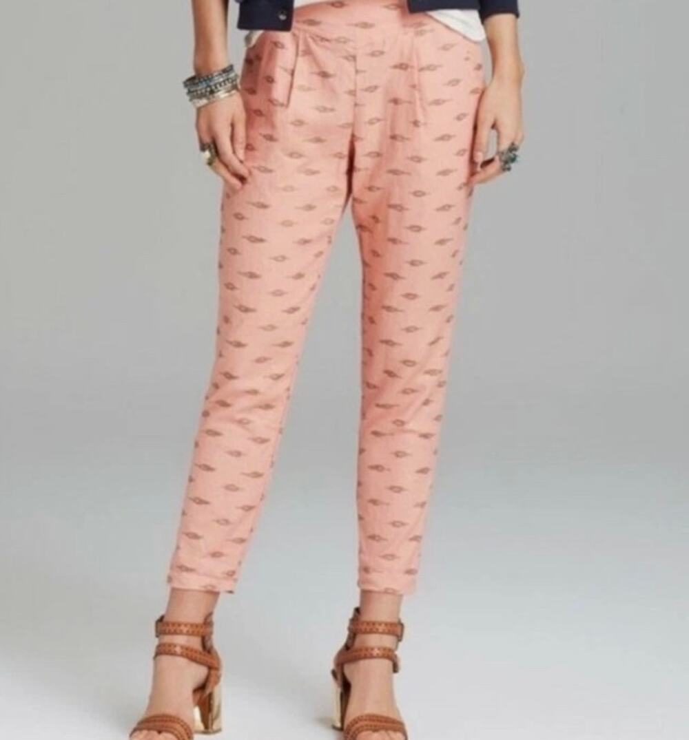 Free People Womens M Peach Shimmer Aztec Linen Blend Pull On Pants Boho
